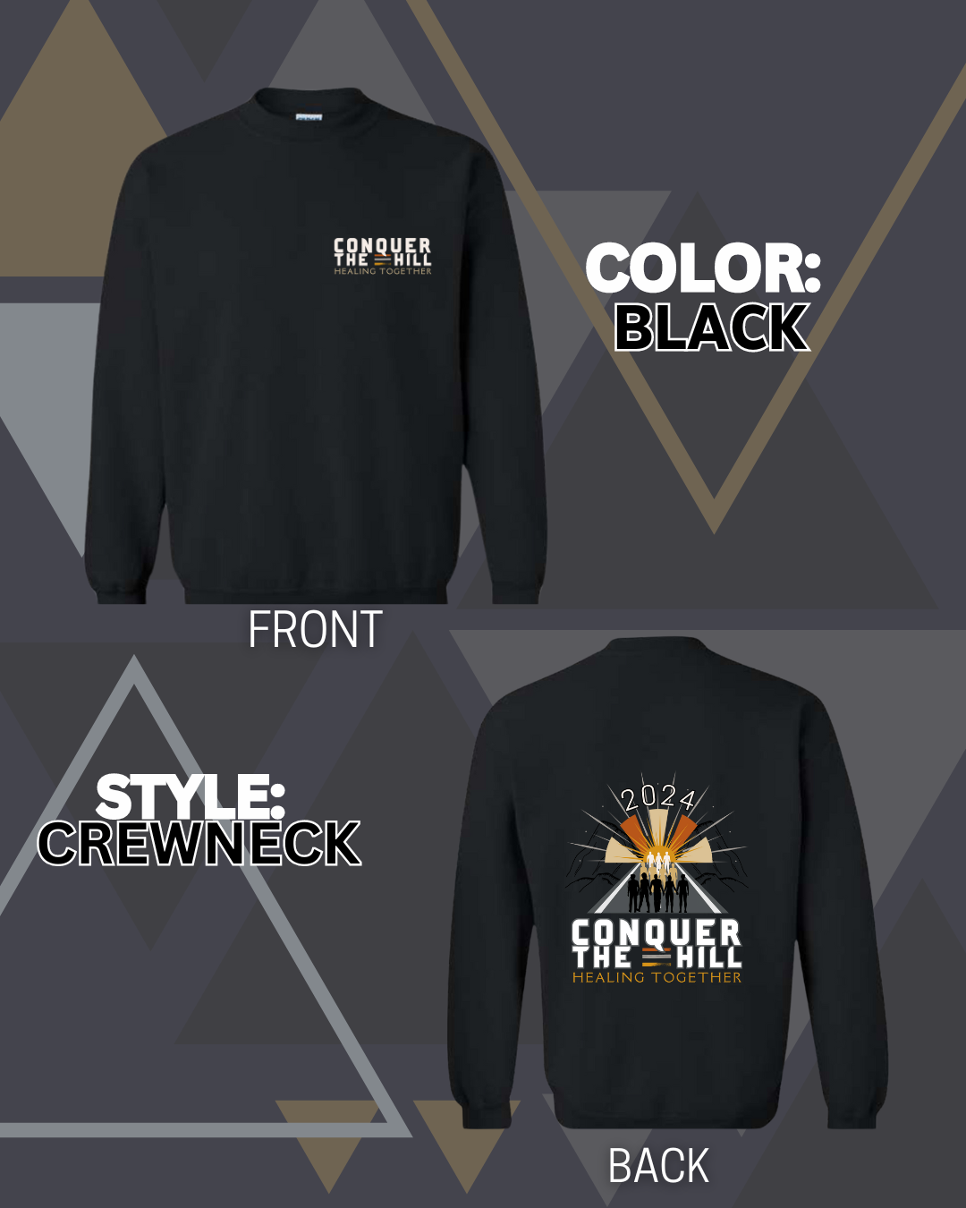 Black colored long sleeve crew neck shirt with Conquer the hill on the left breast and the full conquer the hill logo on the back