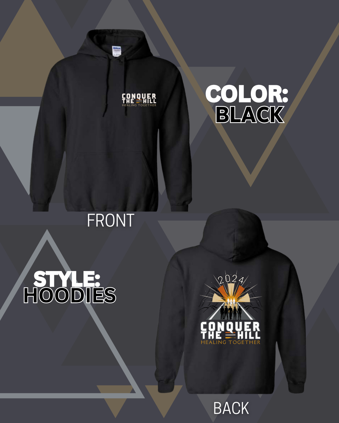 Black colored long sleeve hoodie with Conquer the hill on the left breast and the full conquer the hill logo on the back