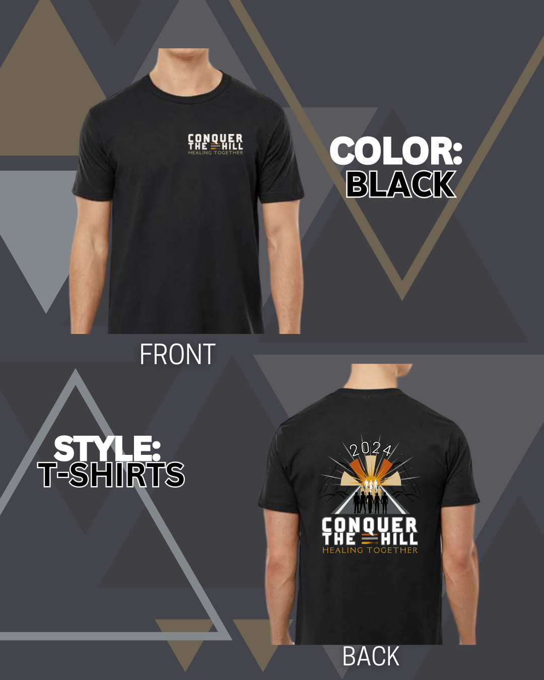 Black colored tee shirt with Conquer the hill on the left breast and the full conquer the hill logo on the back