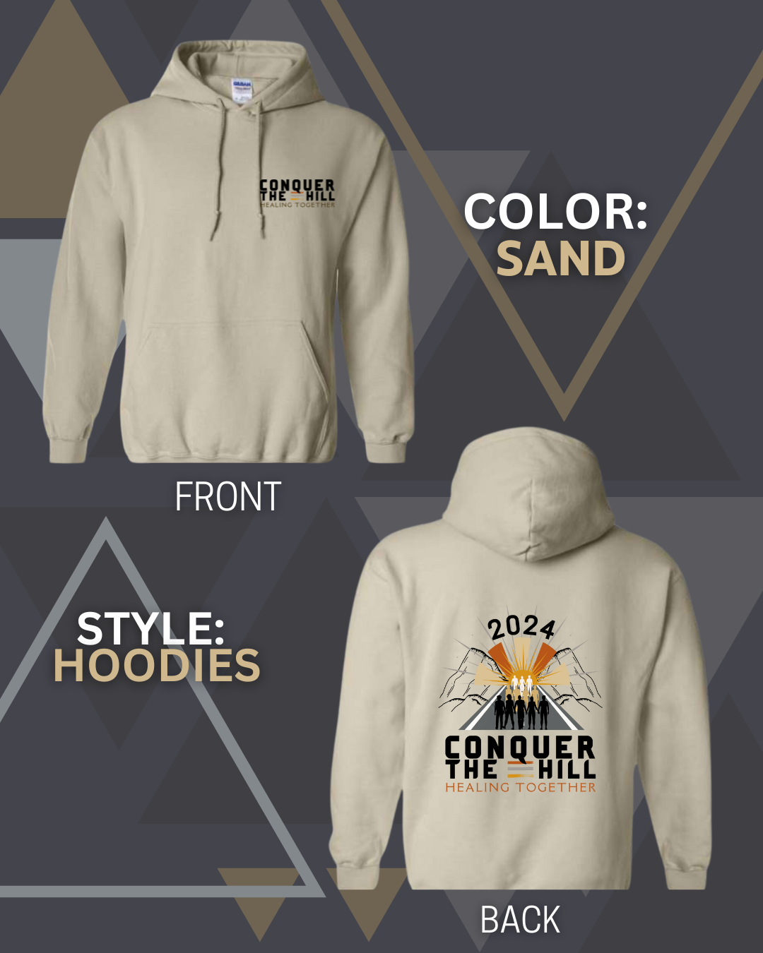 Sand colored long sleeve hoodie with Conquer the hill on the left breast and the full conquer the hill logo on the back