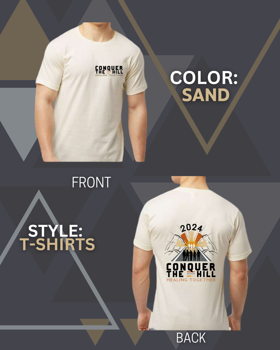 Sand colored tee shirt with Conquer the hill on the left breast and the full conquer the hill logo on the back